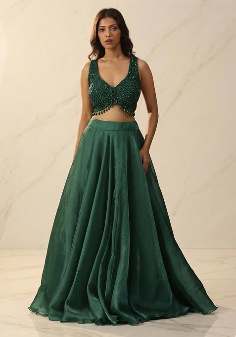 Dark Green Embroidered Handwork Lehenga Set
