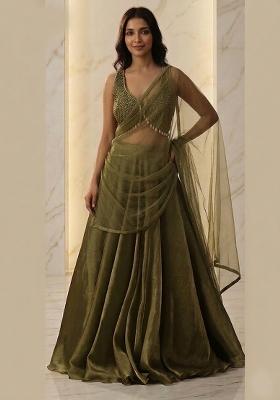Olive Embroidered Handwork Lehenga Set