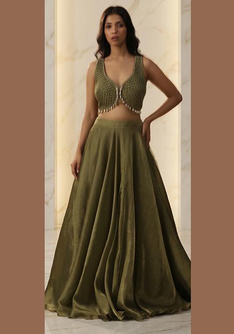 Olive Embroidered Handwork Lehenga Set