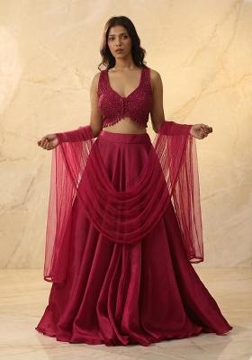 Dark Pink Embroidered Handwork Lehenga Set
