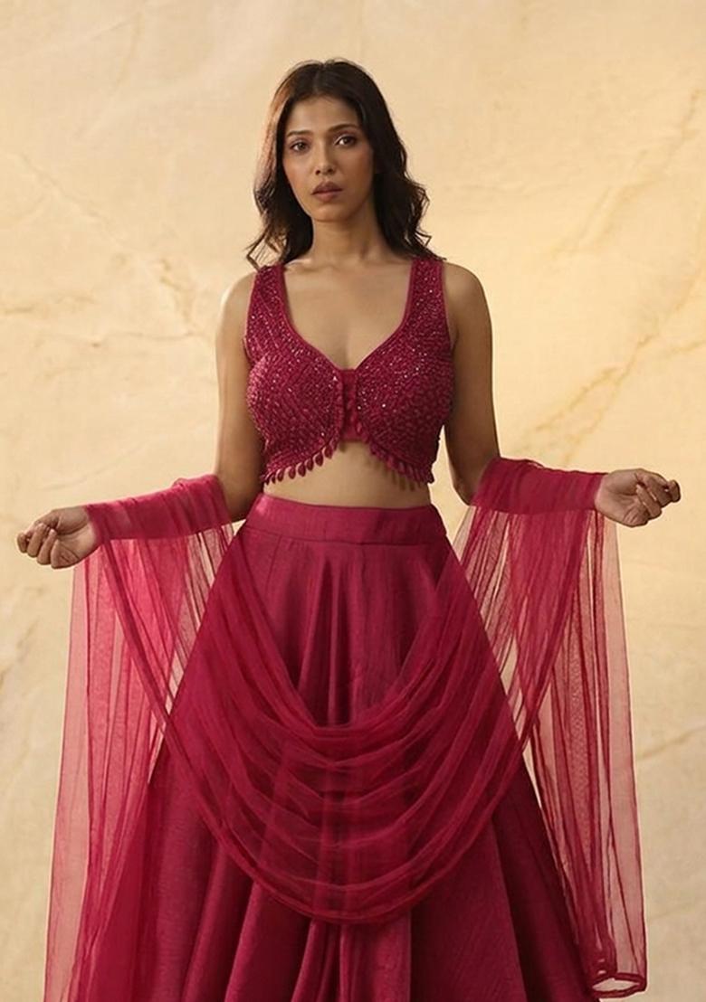 Dark Pink Embroidered Handwork Lehenga Set - Indya