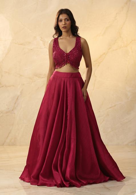 Dark Pink Embroidered Handwork Lehenga Set