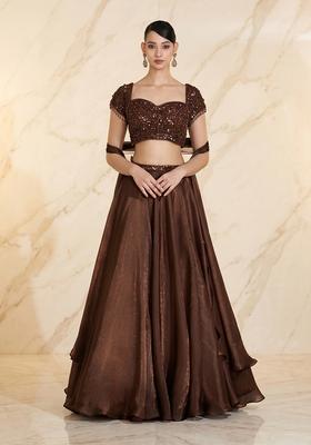 Brown Embroidered Handwork Lehenga Set