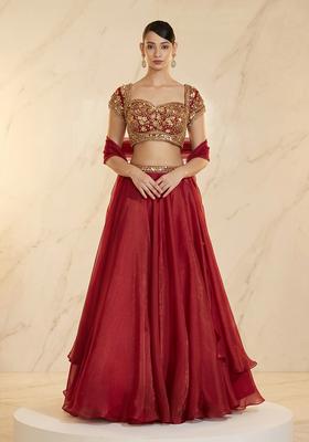 Red Embroidered Handwork Lehenga Set