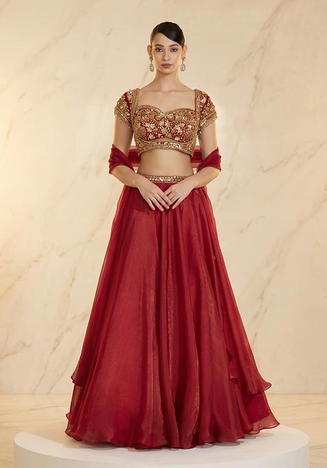 Red Embroidered Handwork Lehenga Set