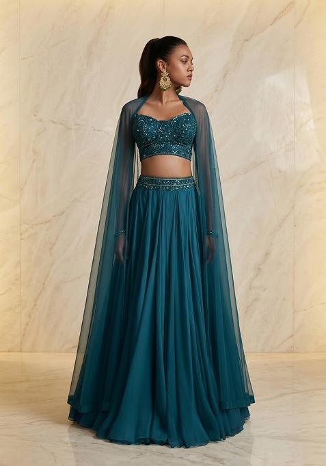 Teal Embroidered Handwork Lehenga Set