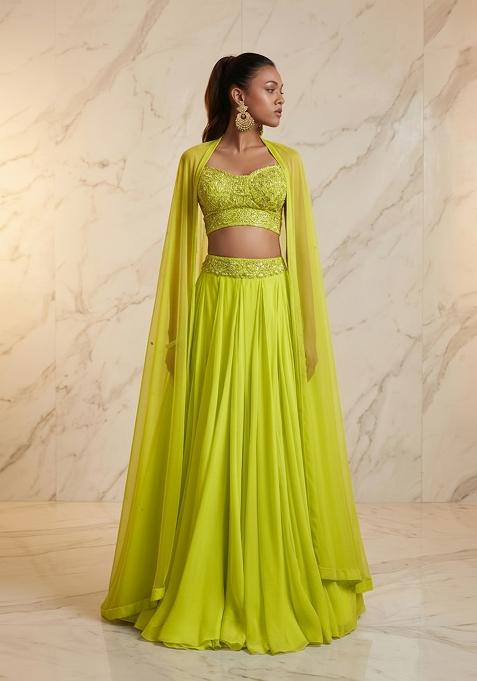 Lime Green Embroidered Handwork Lehenga Set