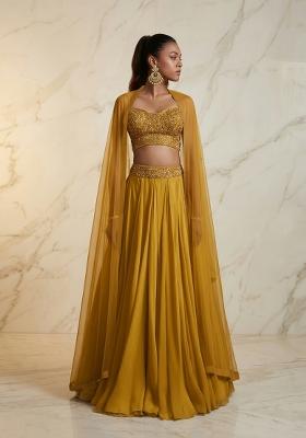 Mustard Yellow Embroidered Handwork Lehenga Set