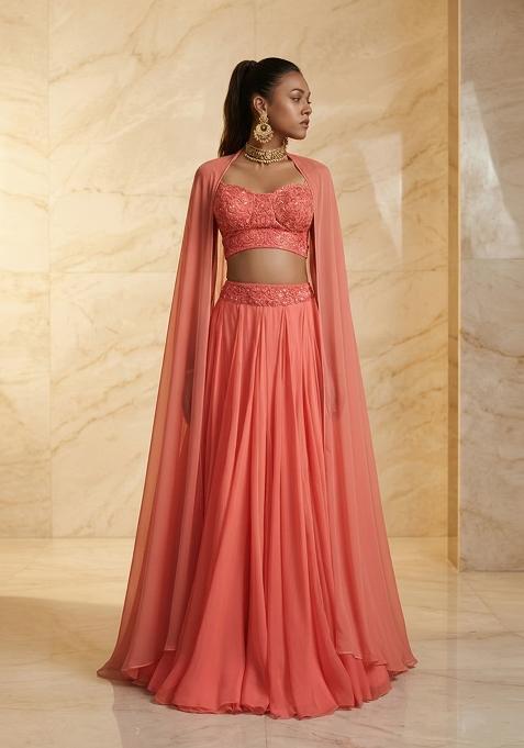 Peach Embroidered Handwork Lehenga Set