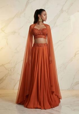 Orange Embroidered Handwork Lehenga Set