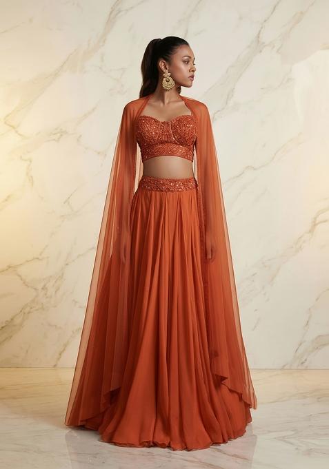 Orange Embroidered Handwork Lehenga Set
