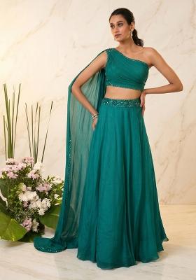 Teal Green Embroidered Handwork Lehenga Set