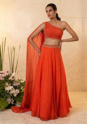 Orange Embroidered Handwork Lehenga Set