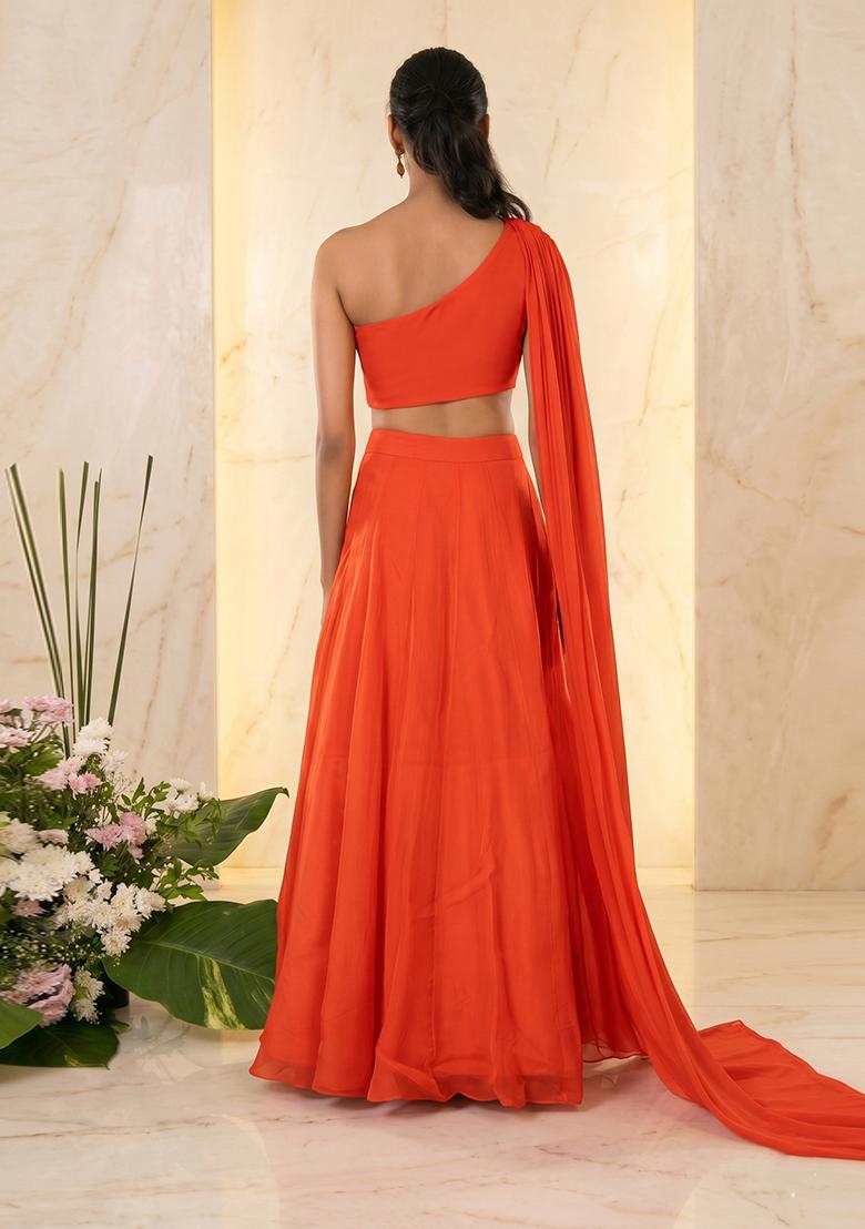 Orange Embroidered Handwork Lehenga Set - Indya