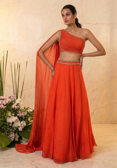 Orange Embroidered Handwork Lehenga Set