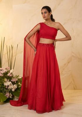 Red Embroidered Handwork Lehenga Set