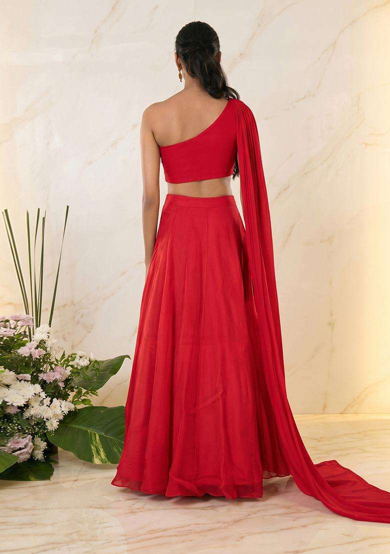 Red Embroidered Handwork Lehenga Set - Indya