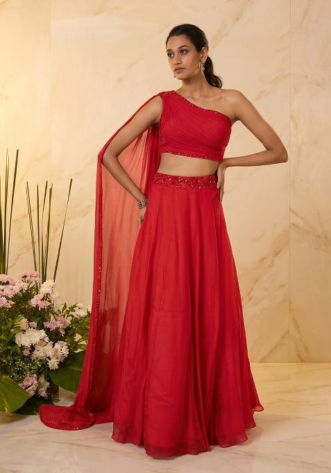 Red Embroidered Handwork Lehenga Set