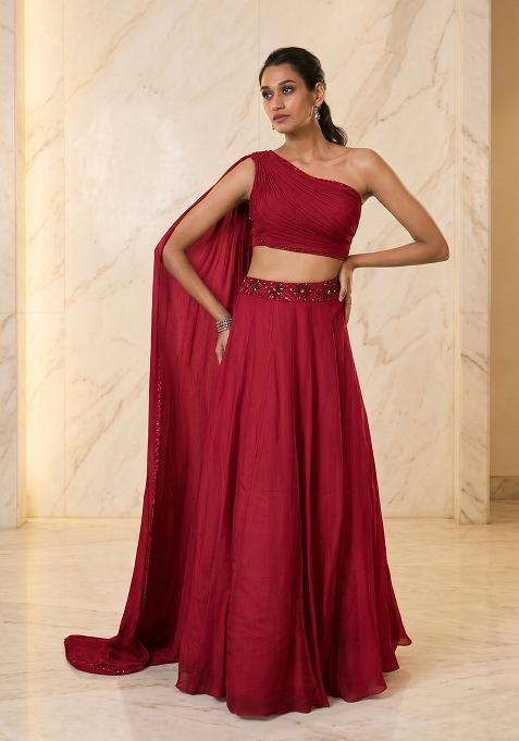 Deep Red Embroidered Handwork Lehenga Set
