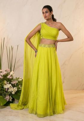 Lime Green Embroidered Handwork Lehenga Set