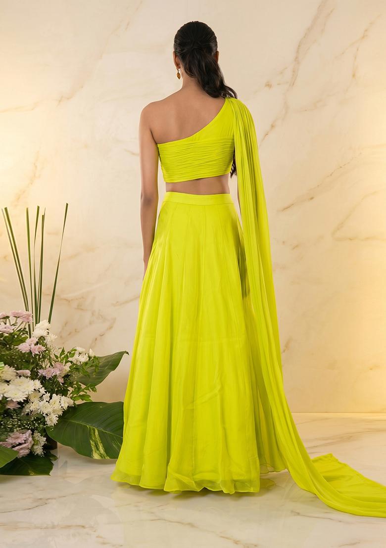 Lime Green Embroidered Handwork Lehenga Set - Indya