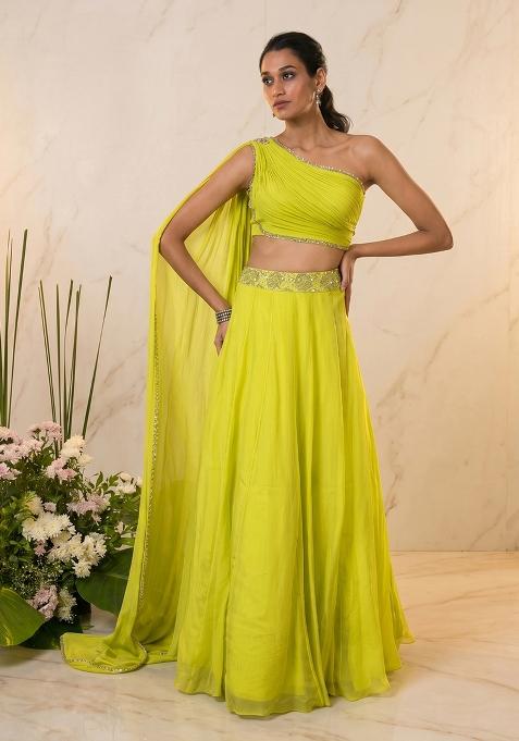 Lime Green Embroidered Handwork Lehenga Set