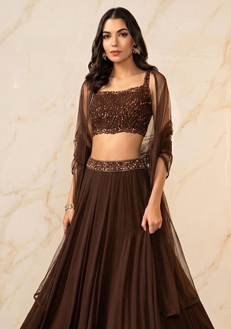 Dark Brown Embroidered Handwork Lehenga Set - Indya