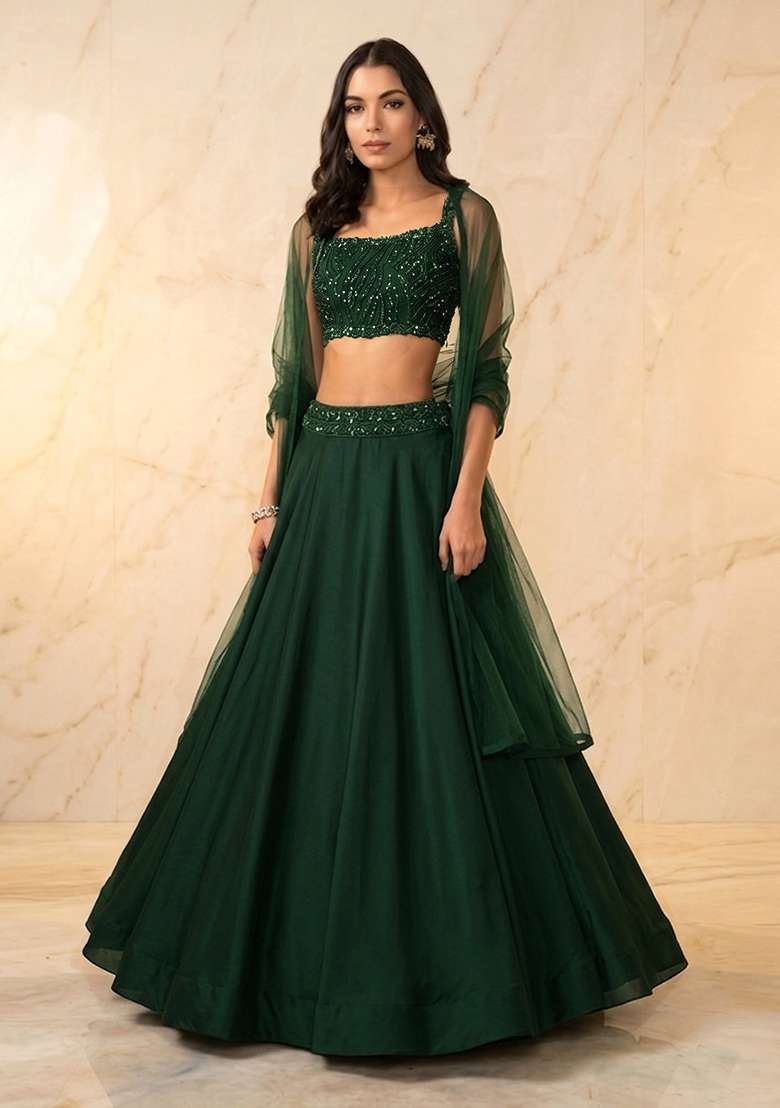 Dark Green Embroidered Handwork Lehenga Set - Indya