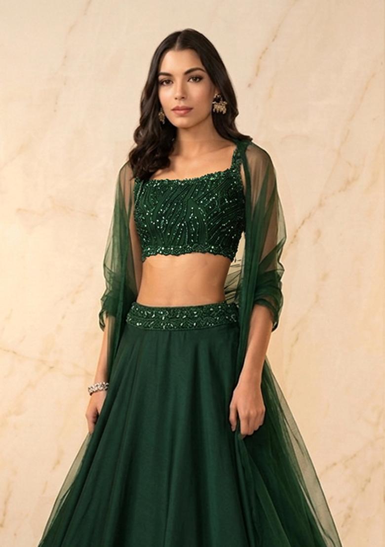 Dark Green Embroidered Handwork Lehenga Set - Indya