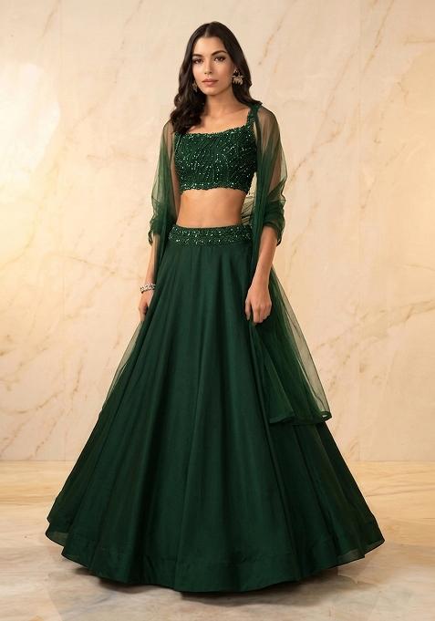 Dark Green Embroidered Handwork Lehenga Set
