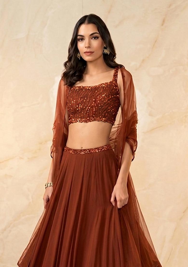 Brown Embroidered Handwork Lehenga Set - Indya