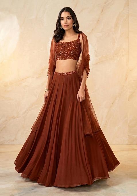 Brown Embroidered Handwork Lehenga Set