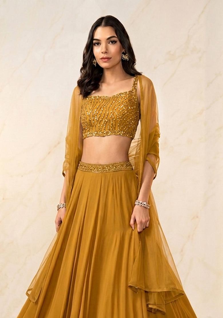 Yellow Embroidered Handwork Lehenga Set - Indya