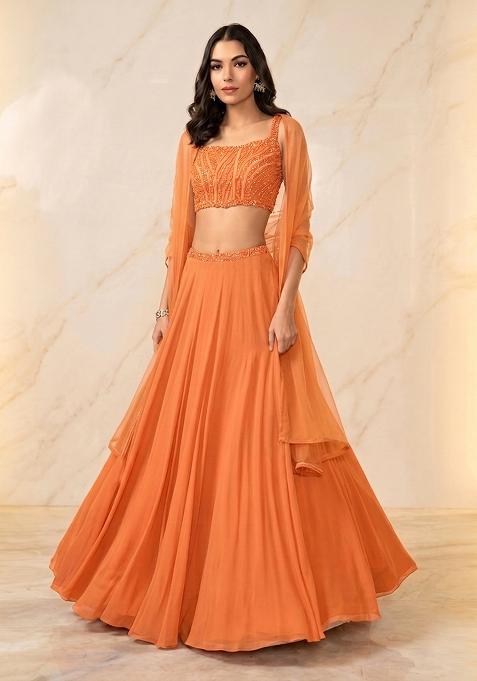 Peach Embroidered Handwork Lehenga Set