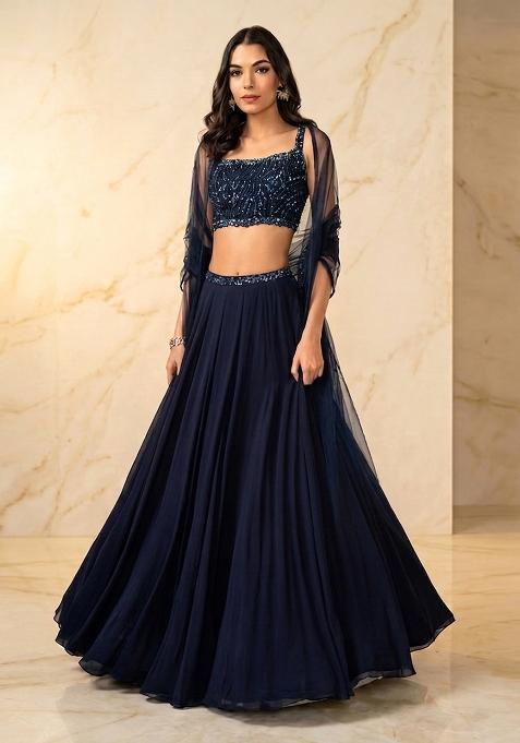 Navy Blue Embroidered Handwork Lehenga Set