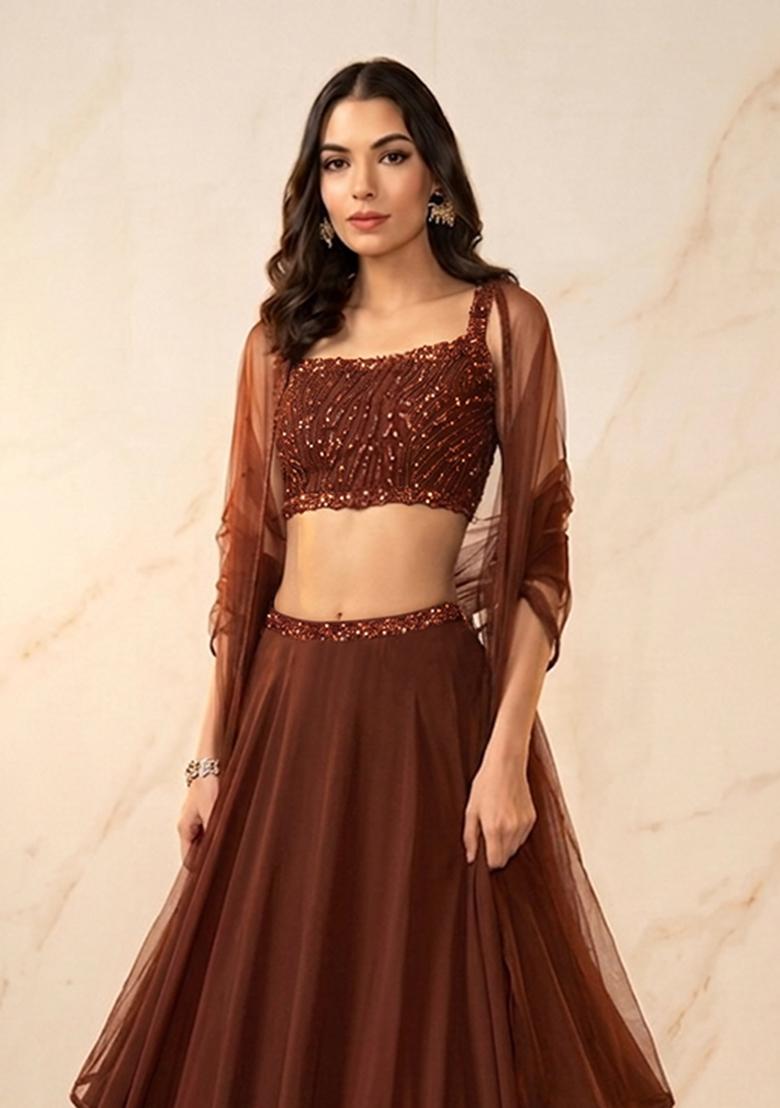Brown Embroidered Handwork Lehenga Set - Indya