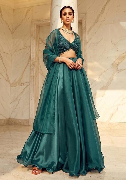 Teal Embroidered Handwork Lehenga Set