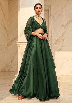 Dark Green Embroidered Handwork Lehenga Set