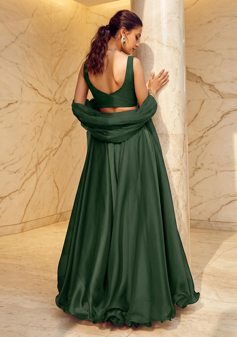 Dark Green Embroidered Handwork Lehenga Set - Indya