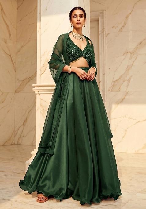 Dark Green Embroidered Handwork Lehenga Set