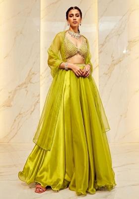 Lime Green Embroidered Handwork Lehenga Set