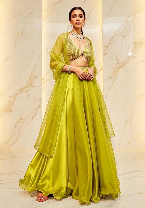 Lime Green Embroidered Handwork Lehenga Set