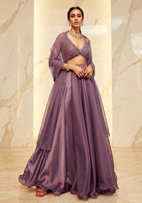 Mauve Embroidered Handwork Lehenga Set