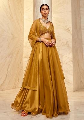 Mustard Yellow Embroidered Handwork Lehenga Set