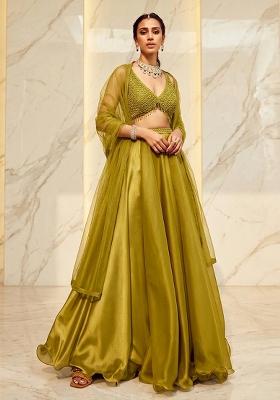 Lime Green Embroidered Handwork Lehenga Set