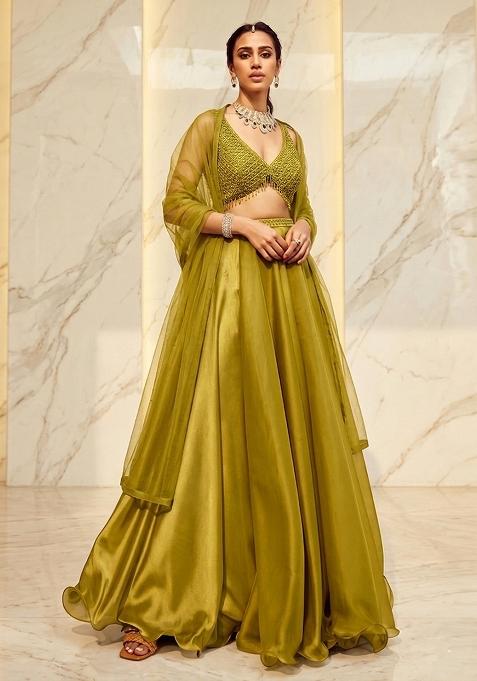 Lime Green Embroidered Handwork Lehenga Set