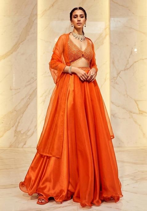 Orange Embroidered Handwork Lehenga Set
