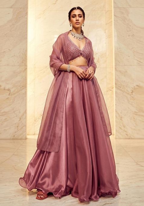 Dusty Pink Embroidered Handwork Lehenga Set