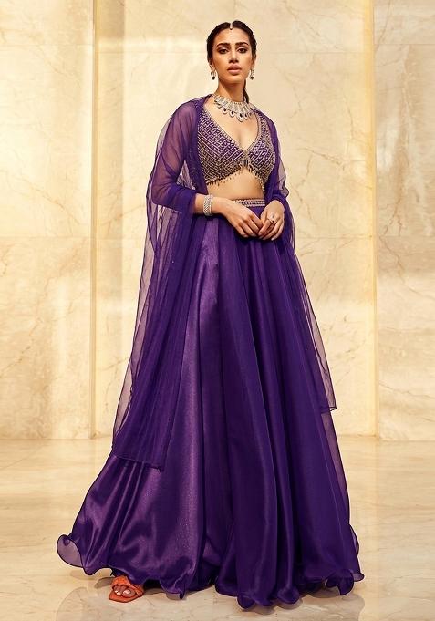 Dark Purple Embroidered Handwork Lehenga Set