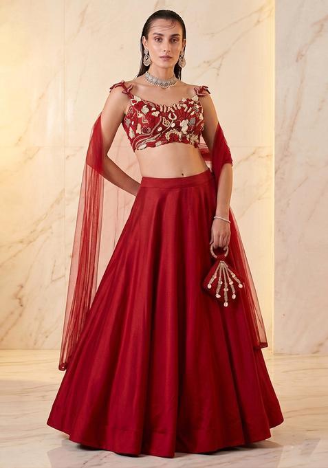 Red Embroidered Handwork Lehenga Set